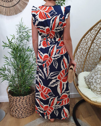 Robe longue femme manches volantes marine feuilles terracota et blanches Karly