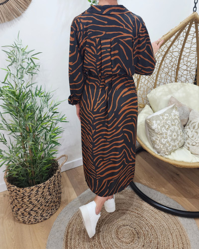 Robe longue femme noire zebrée camel