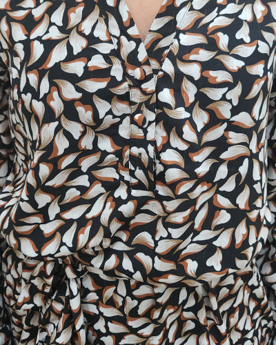 Robe femme noire liseré doré feuillage beige et marron Lia