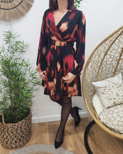 Robe femme noire lisere dore motif rose rouge et beige Abriana 24863