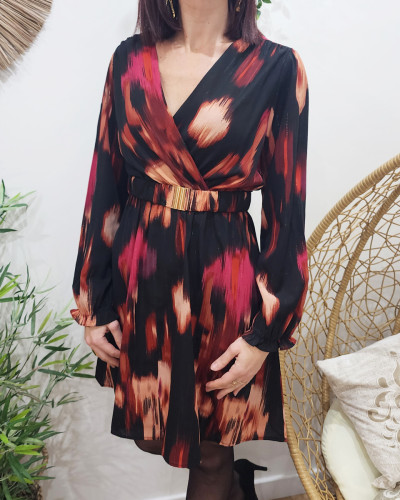 Robe femme noire liseré doré motif rose rouge et beige Abriana