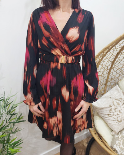 Robe femme noire liseré doré motif rose rouge et beige Abriana