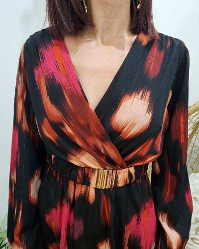 Robe femme noire liseré doré motif rose rouge et beige Abriana