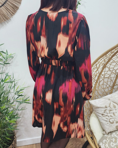 Robe femme noire liseré doré motif rose rouge et beige Abriana