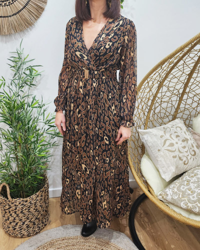 Robe longue femme noire motif léopard marron et doré Fulvia