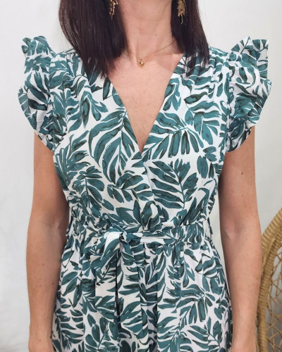 Robe longue femme écru feuillage vert
