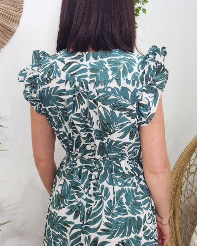Robe longue femme écru feuillage vert