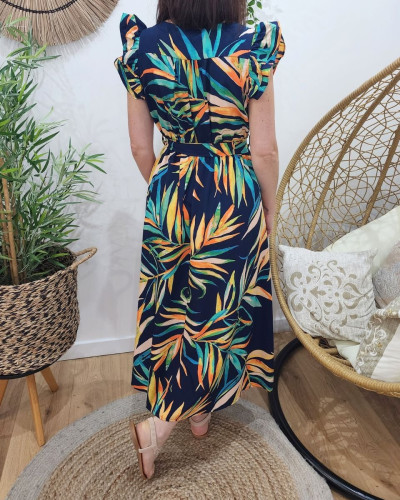 Robe longue femme bleu marine feuillages multicolores 27613