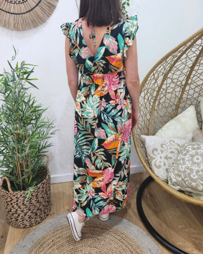 Robe longue femme noire motifs tropicaux multicolores