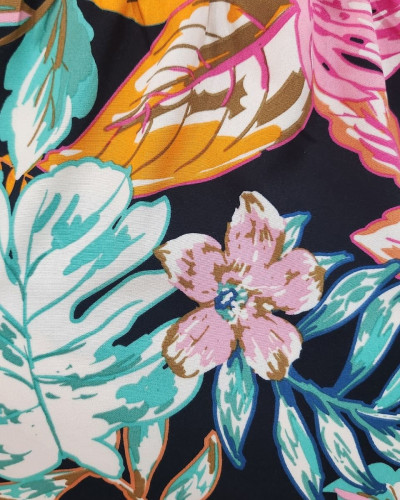 Robe longue femme noire motifs tropicaux multicolores