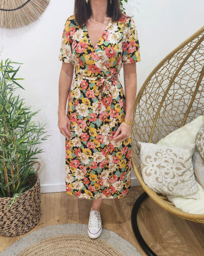 Robe longue femme noire fleurs roses et jaunes Melvina 27960