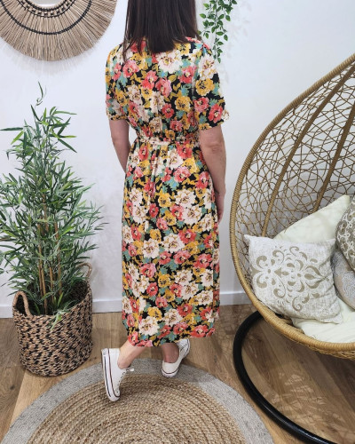 Robe longue femme noire fleurs roses et jaunes Melvina 27960