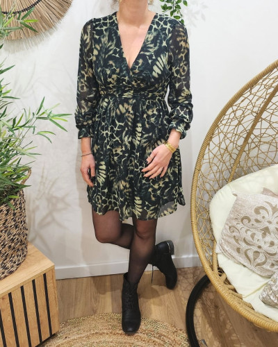 Robe femme verte et noire motif animalier Mona