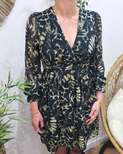 Robe femme verte et noire motif animalier Mona