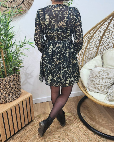 Robe femme verte et noire motif animalier Mona