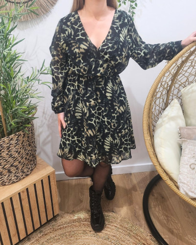 Robe femme verte et noir motif animalier Sanna
