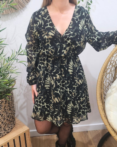 Robe femme verte et noir motif animalier Sanna