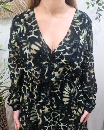 Robe femme verte et noir motif animalier Sanna
