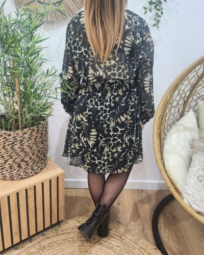 Robe femme verte et noir motif animalier Sanna