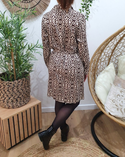 Robe chemise droite marron et écrue Nikita