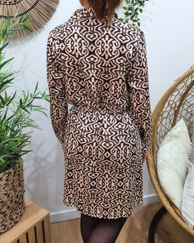 Robe chemise droite marron et écrue Nikita