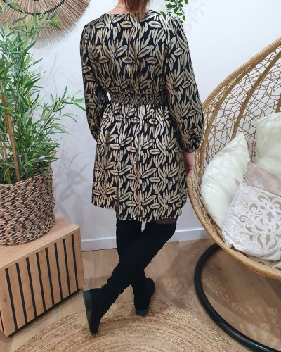 Robe femme noire feuillages dorés