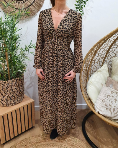 Robe longue femme léopard taupe et noire