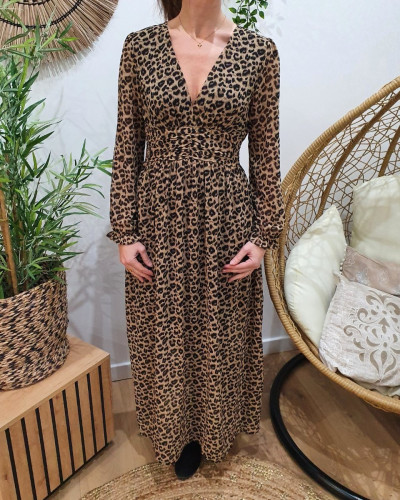 Robe longue femme léopard taupe et noire
