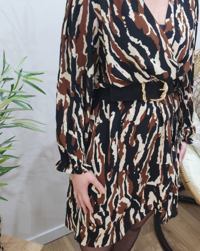 Robe femme motifs noirs beiges et marrons Maliana