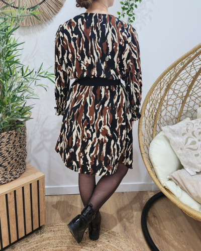 Robe femme motifs noirs beiges et marrons Maliana