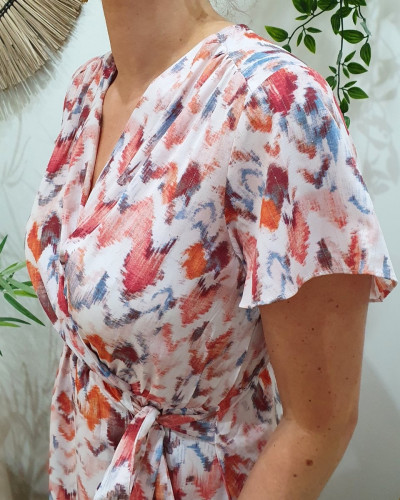 Robe femme écru motifs roses Adalia
