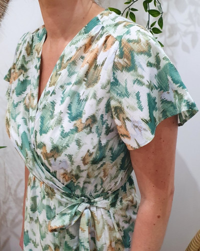 Robe femme écru motifs verts Adalia
