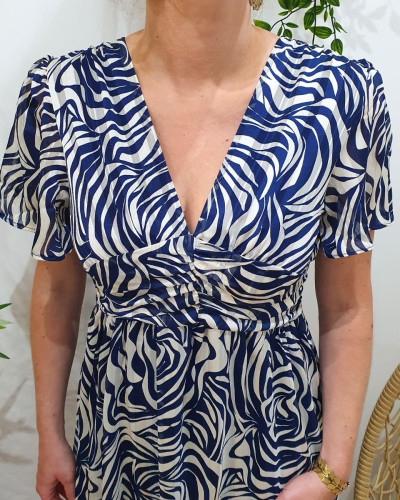 Robe femme écru motifs bleu Bruna