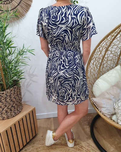 Robe femme écru motifs bleu Bruna
