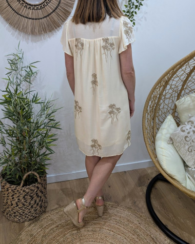 Robe courte femme beige palmiers brodés dorés