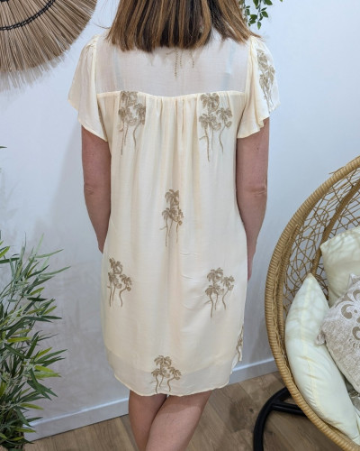 Robe courte femme beige palmiers brodés dorés