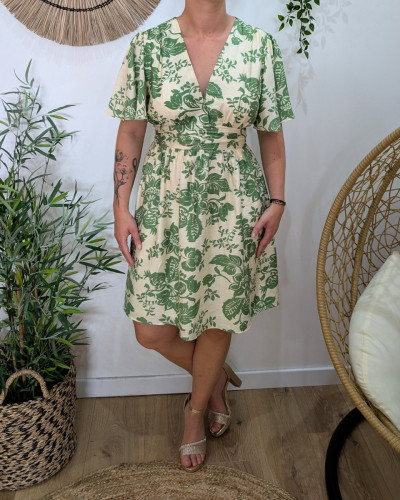 Robe femme beige et vert manches volantes