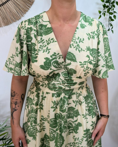 Robe femme beige et vert manches volantes