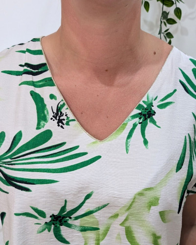 Robe femme droite écrue fleurs vertes Maïana