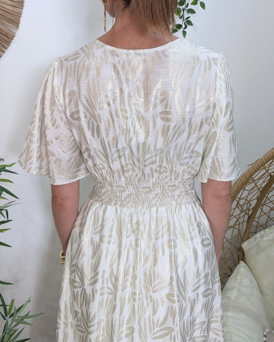 Robe longue femme écrue feuillages dorés