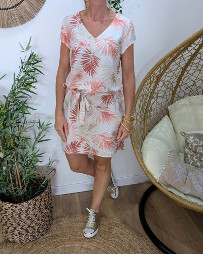 Robe femme droite écrue feuillages roses et taupes Ombelline