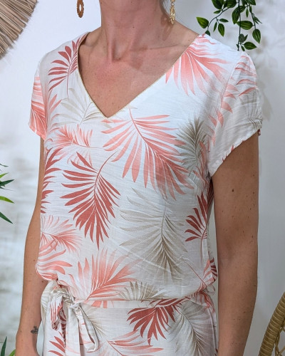 Robe femme droite écrue feuillages roses et taupes Ombelline