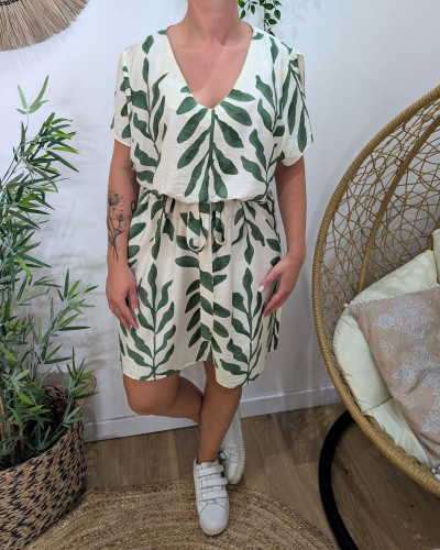 Robe femme droite écrue et verte Ismérie