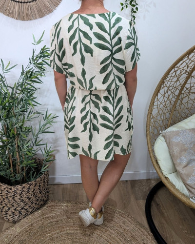 Robe femme droite écrue et verte Ismérie