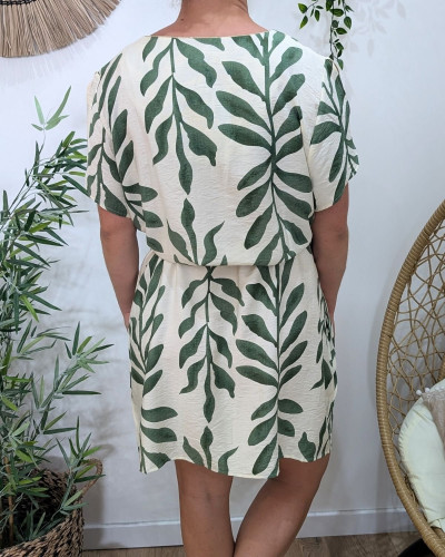 Robe femme droite écrue et verte Ismérie