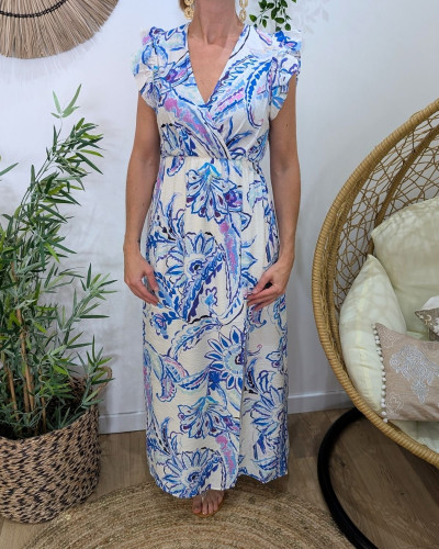 Robe longue femme écrue motifs bleus mauves Silwen