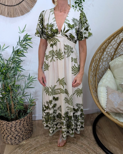 Robe longue femme beige motifs tropicaux kaki