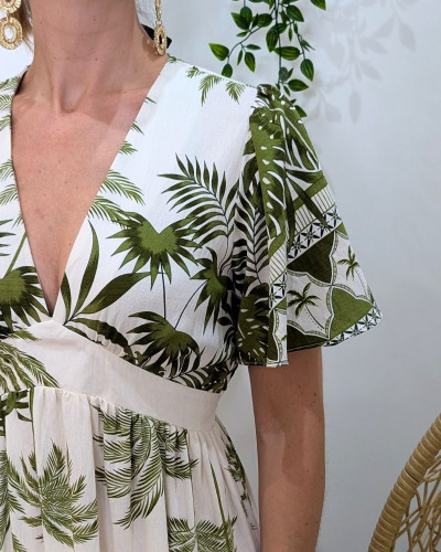 Robe longue femme beige motifs tropicaux kaki