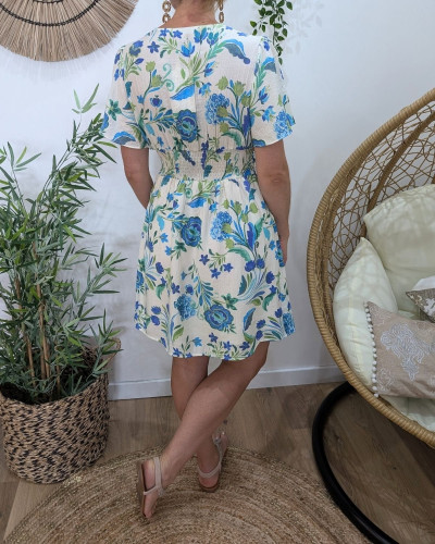 Robe femme écrue fleurs bleues et vertes manches volantes Orielle