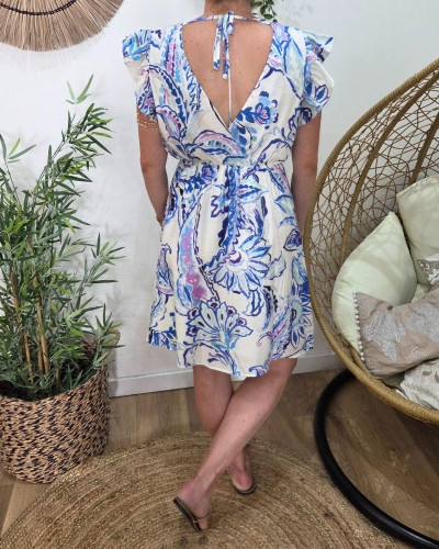 Robe femme écrue motifs bleus mauves Silwen